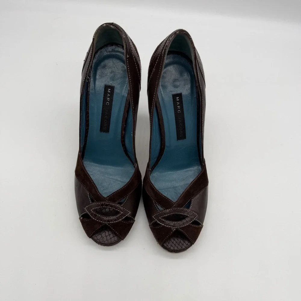 Marc Jacobs Brown Leather Suede Peep Toe Platform Pumps Heels 5.5M Italy